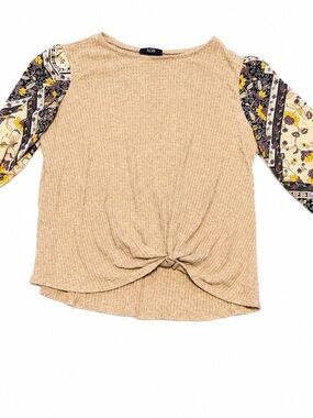 AGB Beige Waffle Knit Top Floral Balloon Sleeves Front Knot Boho